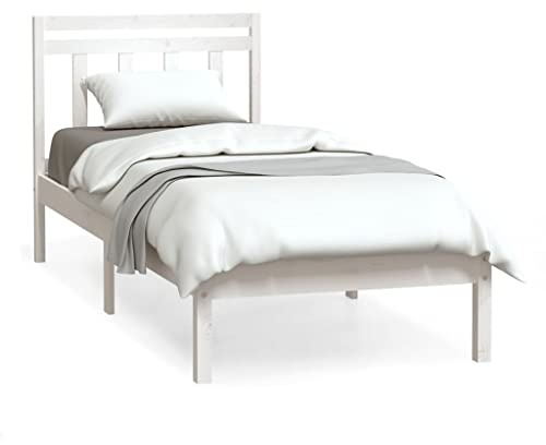 Eleganz Massivholzbett Weiß 90x190 cm - Naturholz Bettgestell mit Kopfteil für Schlafzimmer, langlebig & stabil - Einzelbett für Erwachsene und Jugendliche