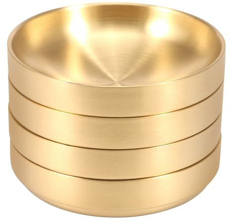 Stainless Steel Cat Bowl Set of 4, Gold Matte Whisker Fatigue Cat Food Bowls Large Opening Round Pet Water Bowl for Small Dogs Cats, Multipurpose Stackable Plates Set for Cold Dish Fruit