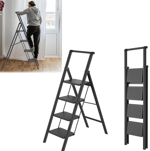 SAILUN Folding Step Ladder, 4-Step, With Handrail, Steel Construction, Non-Slip Rubber Mats, Widened Steps, 250KG Load Capacity, Suitable for Home, Office, Garage, Black