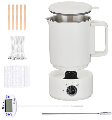 TECKZOON Fondeur de cire électrique 800 ml en acier inoxydable 316 - Casserole portable pour la fabrication de bougies avec thermomètre, 100 mèches et autocollants, 5 supports de mèche et 1 cuillère