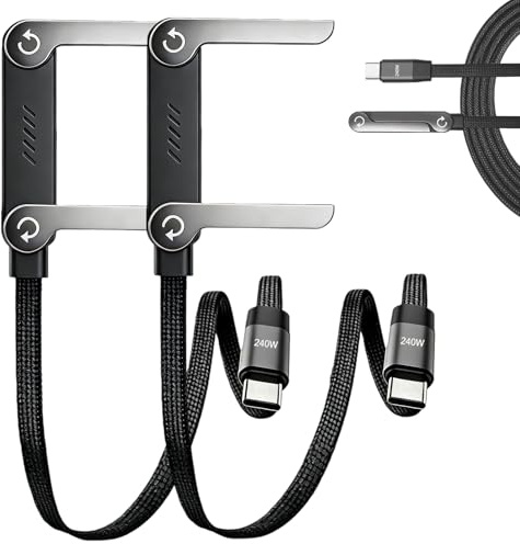 Synclum Set di 2 cavi USB-C da 240 W con supporto invisibile integrato, cavo di ricarica rapida 2 in 1, 1,5 m intrecciato in nylon, supporto per telefono pieghevole per smartphone, tablet e