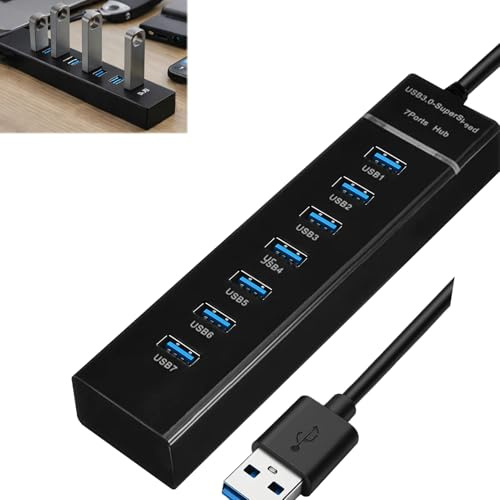 LgCiXli Hub USB 3.0 de 7 puertos con cable de 1 m | Distribuidor USB de alta calidad de aluminio para escritorio y portátil | Transferencia de datos de 5 Gbps y puerto de alimentación USB-C de 5 V/3 A