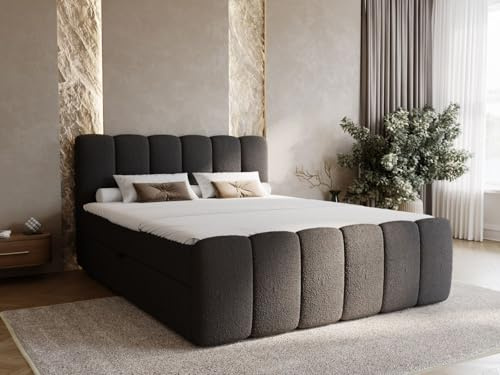 GRAINGOLD Cloud Bett, Boxspringbett mit Bettkasten, Polsterbett mit Bonell-Matratze, Bouclé-Stoff, mit Topper, mit Kopfteil (Schwarz, 140x200)