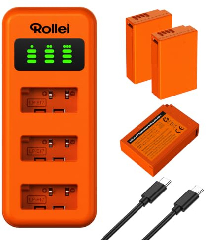 Rollei LP-E17 3 x Akkus und Ladegerät Set 3-Fach-Schnellladung mit USB-C | 100% Kompatibel mit Canon EOS RP/R50/R8/R10/77D/750D, Rebel T8i,T7i,T6i,SL2, SL3, Powershot V1
