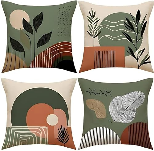 Hopomoon Kissenbezug 50x50 4er Set Boho Dekokissen Salbeigrün Terracotta Kissenhülle Modern Abstrakt Geometrisch Blätter Skandinavisch Sofakissen Zierkissen für Wohnzimmer, Geschenk für Frauen Mama