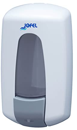 Jofel - Dosificador de Jabón Líquido para Pared, Recargable con Capacidad para 0.9L, Dispensador Jabón Baño Rellenable, Válvula Anticorrosión y Antigoteo, Carcasa ABS, Aitana AC70000, Blanco