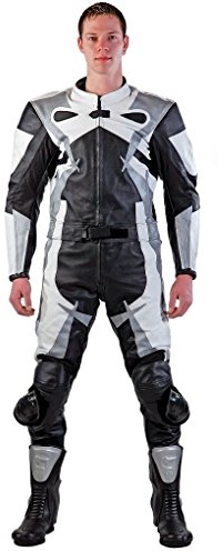 Lemoko - Completo da motociclista in pelle, 2 pz, colore nero/bianco/argento, taglie S - 5XL