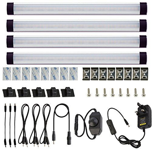 AlBOO Under Cabinet Kitchen Lights Wired LED 6000K Dimmable,28cm Under Cupboard Kitchen Lights 12V Plug in with Mains,Ultra Thin Fixture Under Couter Lights Display Lights for Cabinet Cupboard 4 Pack