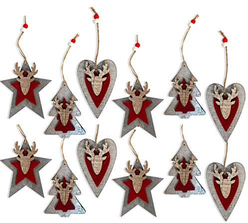 by Robelli Shabby Chic Wooden Christmas Tree Hanging Pendant Baubles Decorations (12 x Red/Grey 3D Decorations)