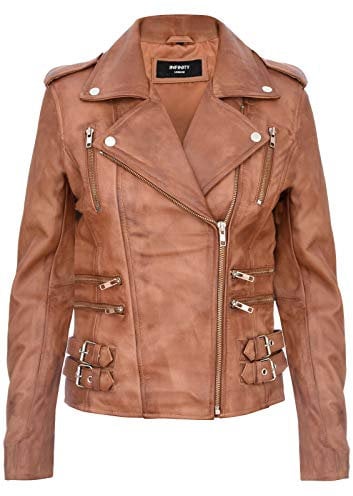 Ladies Retro Tan 100% Nappa Leather Biker Jacket XL