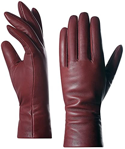 Harssidanzar Lederhandschuhe Für Damen,Damen Italienische Lammfell Lederhandschuhe Kaschmir Gefüttert,Burgund, XL