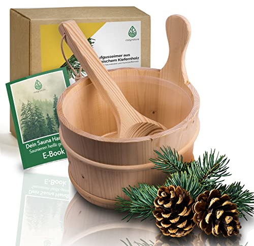 CozyNature Seau de sauna avec louche en bois de pin finlandais de haute qualité | accessoires de sauna, seau de sauna, seau à infusion | seau en plastique inclus - 4 litres