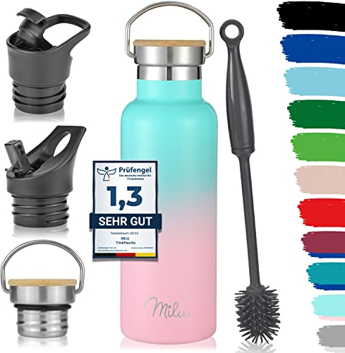 Milu Bouteille en acier inoxydable 350ml, 500ml, 750ml, 1l (+3 couvercles) - Bouteille thermo avec paille, bouteille d'eau, pour boissons chaudes, froides et gazeuses (Rose menthe, 500ml)