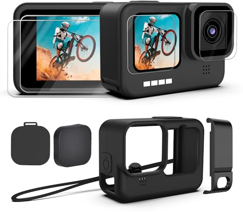 Kuptone Accessory Kit for GoPro 12/11/10/9 Black [10PCS], Protective Silicone Case with Cord+6PCS Screen Protectors + 3PCS Lens Cap Cover for GoPro Hero 12/11/10/9