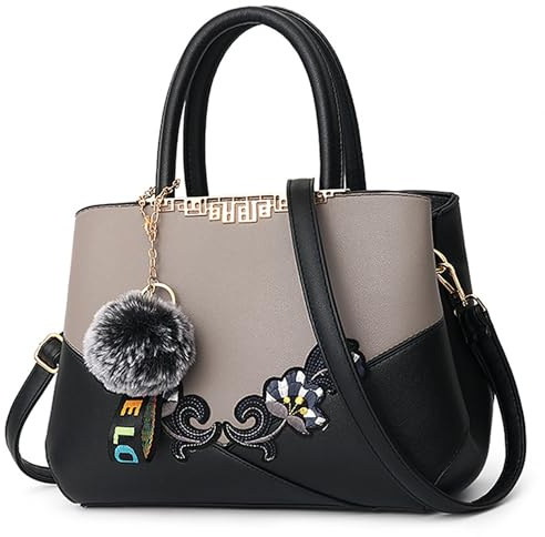 VARLIVOO Handtasche Damen Mittelgroß Elegant Taschen mit Blumenstickerei Leader PU Henkeltasche Frauen Schultertasche Shopper Mit Plüschanhänger fur Reisen Büro Einkauf Graue B