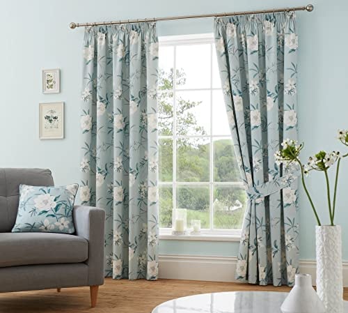 Dreams & Drapes - Duck Egg Floral Curtains W90 x L90 (229 x 229cm) - 2x Panels - 100% Cotton - 2x Tie Backs - White Flowers Pencil Pleat Curtains & Drapes for Bedroom/Living Room - Vintage Curtains