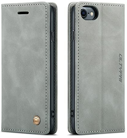 QLTYPRI Hülle für iPhone SE 2022 5G/SE 2020/8/7, Vintage Dünne Handyhülle mit Kartenfach Geld Slot Ständer PU Ledertasche Flip Schutzhülle für iPhone 7/8/SE 2/SE 3 - Grau