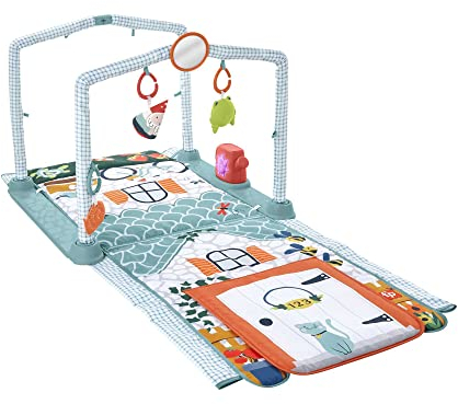 Fisher-Price HJK45-3-in-1 Kleine Ferienhaus Spieldecke, Spieldecke für das Spielen in Bauchlage und Tunnel zum Hindurchkrabbeln mit Spielzeug für Babys und Kleinkinder ab der Geburt