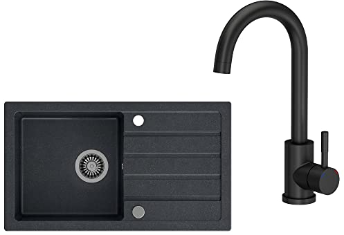 VBChome Spülbecken mit Armatur 77 x 44 cm Schwarz Spüle Einzelbecken Küche Einbauspüle Verbundspüle Küchenspüle gesprenkelt flächenbündig Siphon Waschbecken