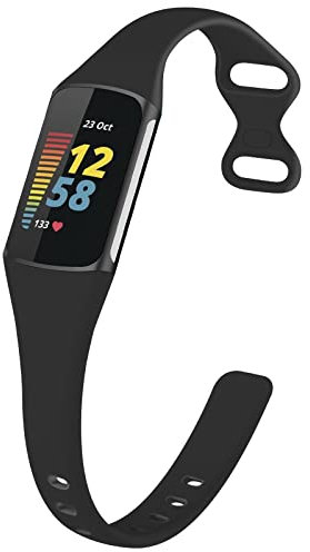 TopPerfekt Slim Straps Compatible with Fitbit Charge 5 Strap Women Men, Adjustable Soft Silicone Sport Replacement Watch Band Straps Wristbands Bracelet for Charge 5 Activity Tracker (Black)