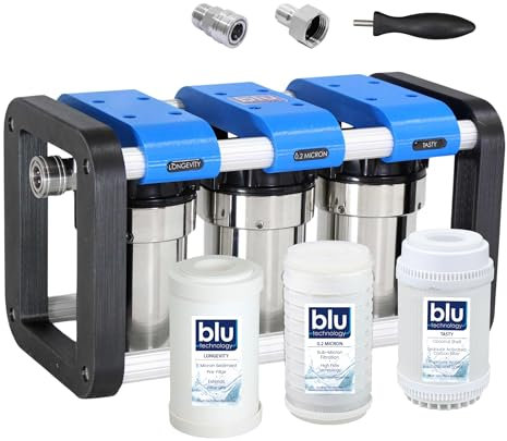 R3 RV-Wasserfiltersystem, 0,2 Mikron Wasserfilter für Wohnmobile mit kompakten 12,7 cm Filtern, 3-stufiges Premium-Wasserfiltersystem, für Wohnmobile, Vans und Boote Blu Technology