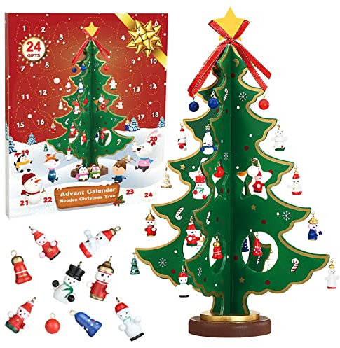 LEMESO Adventskalender 2025 Mini Weihnachtsbaum aus Holz Adventskalender Holz Tannenbaum 3D Weihnachtsbaum mit 24 Anhänger Dekoration Christmas Tree DIY Spielzeug Geschenk für Kinder Weihnachten