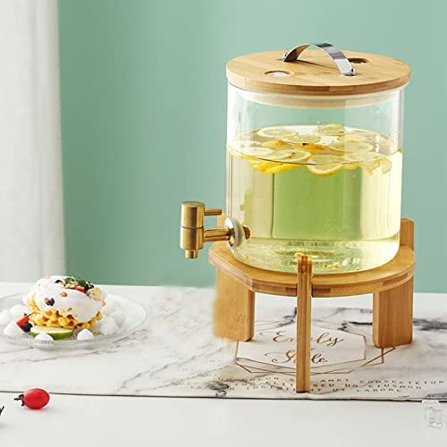 3.5/5/8L Getränkespender mit Zapfhahn aus Edelstahl, Glas Wasserspender mit Stand aus Holz, Trinkspender aus Hitzebeständigem Borosilikatglas für Limonaden Säfte und Schorlen(Size:3.5L)