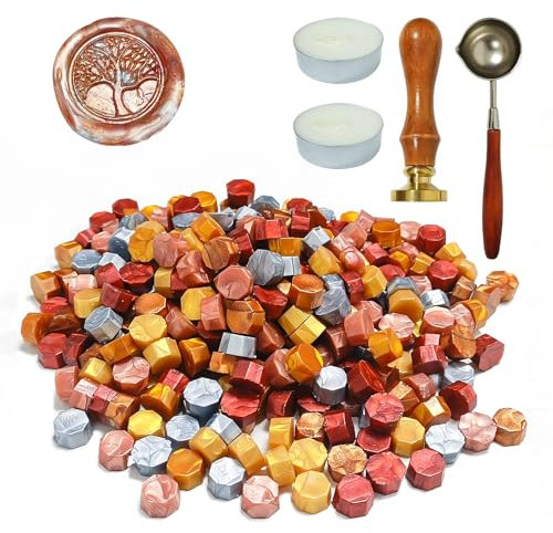 Wachssiegel Stempel Set, 200 Stück siegelwachs mit 1 Lebensbaum Siegelstempel, 1 Schmelzlöffel, 2 Teelichte, für Vintage Siegellack und Brief, Einladungen, Paket Geschenk (F)
