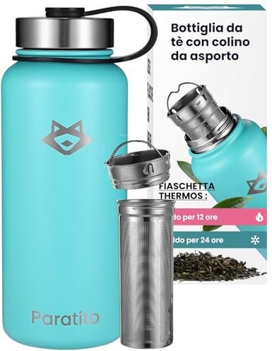 PARATITO® Teeflasche mit Sieb 1L, auslaufsicher bei Kohlensäure, spülmaschinenfest - Edelstahl Thermoskanne mit Teesieb to Go für Tee, Kaffee, Büro, Wandern, Yoga, Camping (Teesieb Bundle Blau)