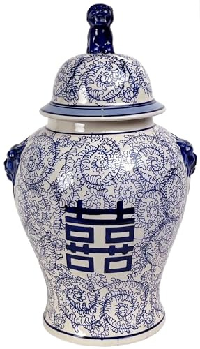 Fine Asianliving Chinesische Vase mit Deckel Blau Weiß Porzellan Handbemalt Doppeltes Glück D25xH46cm China Dekorative Vase Blumenvase Orientalische Keramik Vase