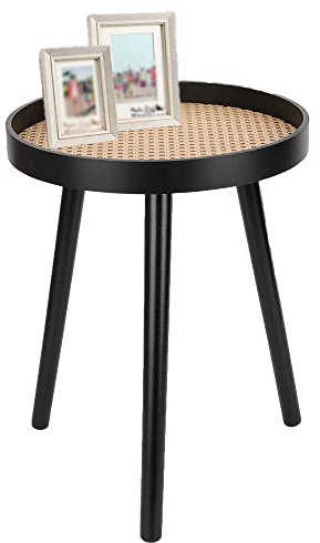 KHAPALWAK Rattan Round Side Table, Small Sofa End Table Indoor Accent Table for Small Spaces, Living Room, Bedroom, Balcony, Easy Assembly (Black)