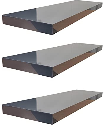 Roseley Set of 3 High Gloss Floating Shelves 40cm No Visible Brackets Wall Mounted Display Bedroom Living Room Kitchen Decor [Grey]