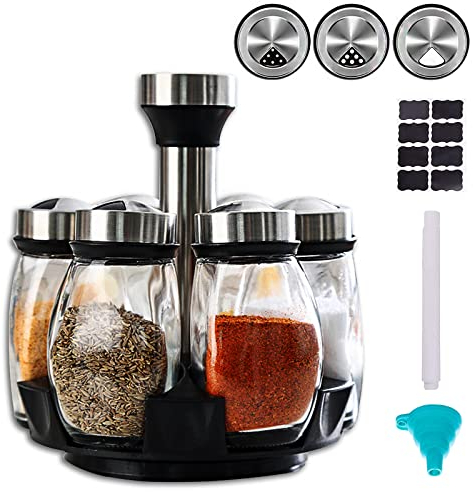 COCOMU Étagère à épices rotative, carrousel à épices, à épices rotatifs à 360°, Lot de 6 pots de recharge en verre pour armoire, plan de travail, cuisine (épices non incluses)