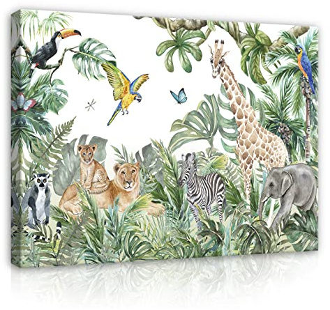 WallArena Leinwand Bilder - Kinderzimmer Tiere Dschungel Wald 100x75 cm | Leinwandbilder, Bild auf leinwand, Wandbild XXL groß Wandbilder für Wohnzimmer Schlafzimmer Wohnzimmerbilder