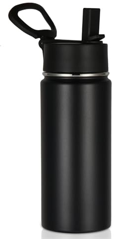 Volhoply Kids Insulated Water Bottle With Straw,480ml Stainless Steel Cold Water Bottles for School,BPA-Free Metal Wide Mouth Cups With Handle Lid,Reusable Double Wall Vacuum Sports Flask(Black,1)