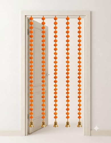 Indische handgefertigte Pompon-Girlande mit Glocken, ca. 152 cm, 2 Girlanden, Diwali-Dekor, Weihnachtsdekoration (orange)