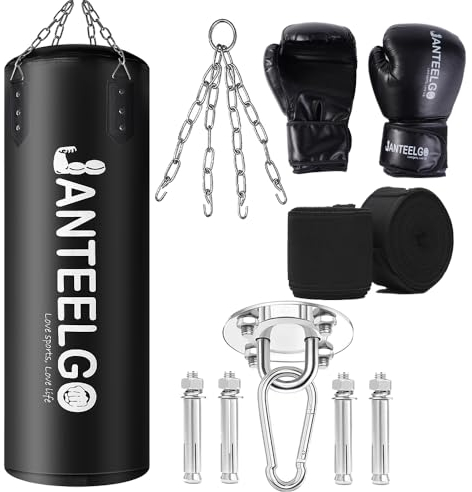 Boxsack Hängender Typ und Ungefüllter Boxsack Erwachsene JanTeelGO 100cm Langlebig PU-Leder mit Montagekette und Deckenhaken für MännerDamen Jugendliche,MMA Kickboxing Muay Thai Karate Schwarz