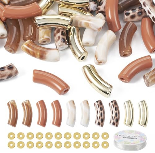 Bestewelry DIY Gebogenes Rohr-Stretch-Armbandherstellungs-Set, 40 Stück, blickdicht, Acryl, gebogene Röhrenperlen, goldbraun, Leopardenmuster, lange Röhrenperlen mit 30 Abstandshalter-Perlen für