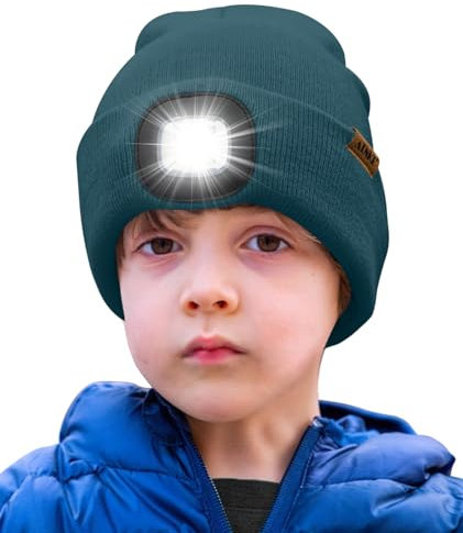 ATNKE Kids LED Beleuchtete Mütze mit Licht,Wiederaufladbare USB 4 LED Laufmütze Extrem Heller Lampe Winter Warme Stricken Mütze Großartig Geschenke für Jungen und Mädchen/Olive Green