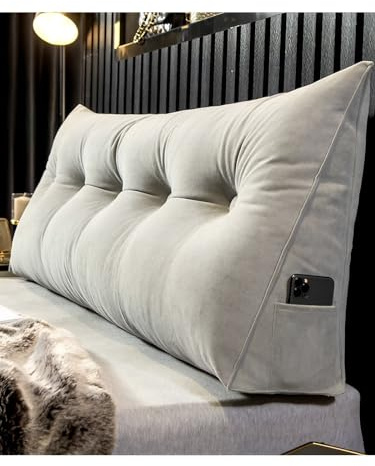 LUXUCURE Rückenkissen Kopfteil-Rückenlehnenkissen Stützkissen Dreieckiges Großes Lesekissen mit Seitentasche,Keil-Kopfteilkissen Rückenpolster,Für Bett Erkerfenster Tagesbett(Grau,200x50x20cm)