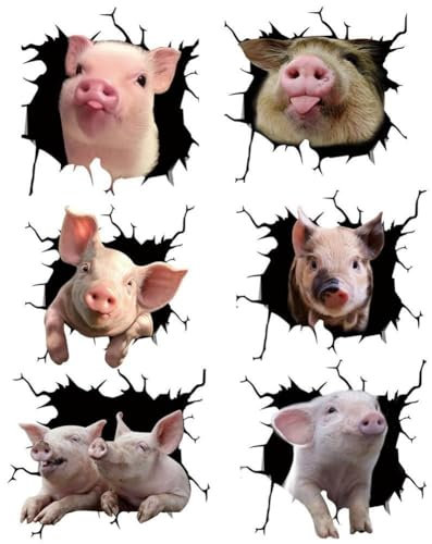 Wisafory 6 Stück 3D Schweinchen Autoaufkleber Realistische Riss Schwein Aufkleber Wasserdicht Vinyl Tier Wandaufkleber Lustige Car Dekoration Sticker Fensteraufkleber für Auto 20x18cm