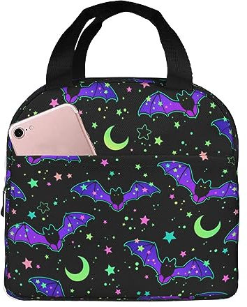 FJAUOQ Lonchera de Halloween con diseño de murciélago y luna para mujeres y hombres, lonchera aislada, reutilizable, organizador de almuerzo, impermeable, bolsa de almuerzo para Halloween