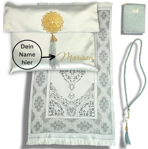 Gebetsteppich silber Islam Geschenkset mit Gebetskette, Gebetsbuch (Tesbih) und Tasche to go | Muslimische Ramadan | Dekoration Islam | Gebets-Teppich schwarz | Islamische Geschenke | Prayer mat