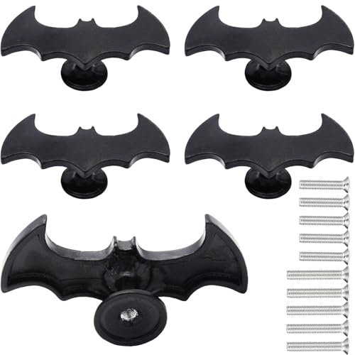 JINBAZO 5 Pack Bat Drawer Knobs, Gothic Decor Cabinets Pulls for Drawer Wardrobes Bookcases Dresser Closets Hardware Furniture Decoration (Black)