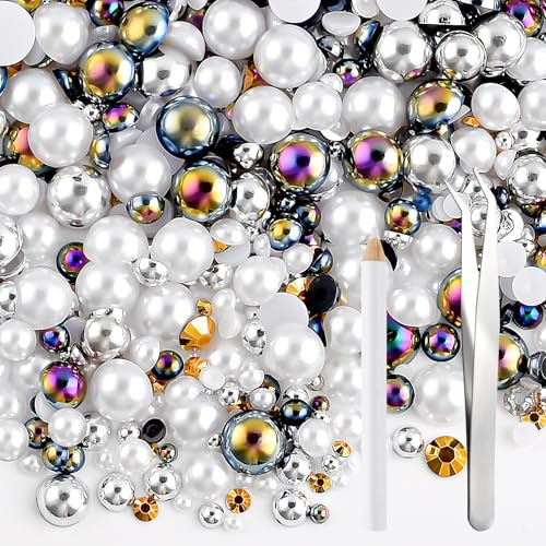 NACHLYNN 60g Perlen-Mix und Strasssteine für Bastelarbeiten – Flachrücken-Strasssteine, Halbrundperlen, Größenmix 3mm-10mm – Für DIY-Nageldesign, Schuhe, Kleidung, Tumbler & Tassen (Schwarz-Weiß)