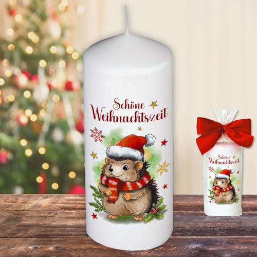 Weihnachtskerze Stumpenkerze –Schöne Weihnachtszeit Igel - Kerze in Geschenkverpackung mit Schleife zu Weihnachten | moderne Motive auf Tattoofolie Schiebefolie