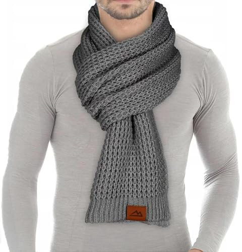 Loowoko Echarpe homme femme hiver, echarpe tricotée à motif gaufré classique - longue d'automne-hiver 180 * 30cm avec finition en cuir véritable, Idee cadeau homme femme