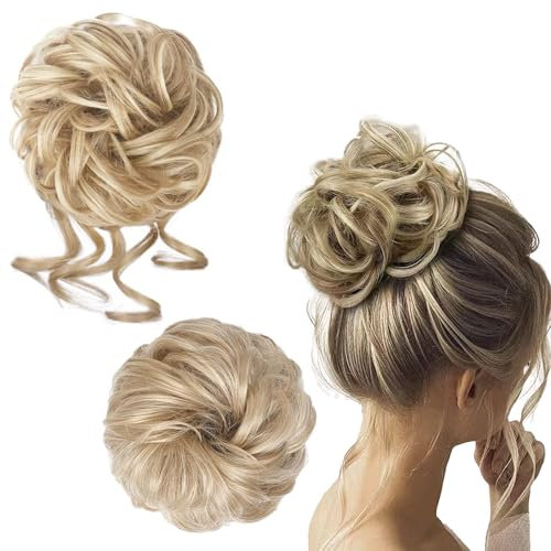 2 Styles Haarteil Mit Gummiband, Gelockt Dutt für Frauen, Groß Dutt Haargummi, Synthetisch Messy Bun Haar Tousled Updo, Ash Blonde