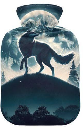 Wolf Dancing Under The Moon Hot Water Bottles with Soft Velvet Cover Hot Water Bag for Foot Bed Warmer Pain Relief, 1 Liters