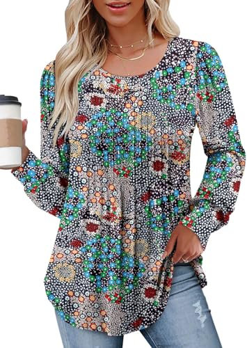 CHICZONE Long Puff Sleeve Shirts for Women Fall Tops Dressy Casual Blouses Pleated Crew Neck Tunic Tops for Leggings